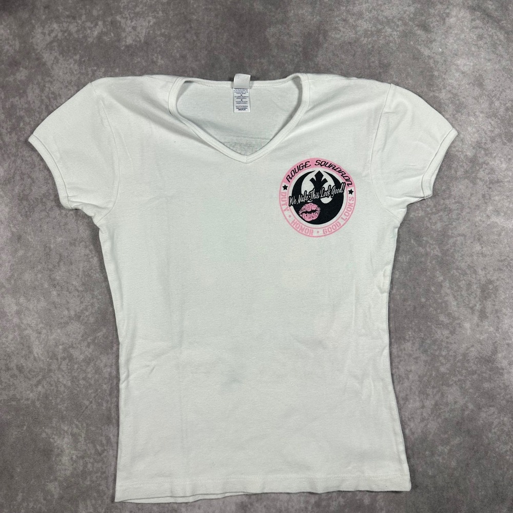 Star Wars Rogue Squadron Graphic V-Neck Tee Womens Medium White Pin Up Bella